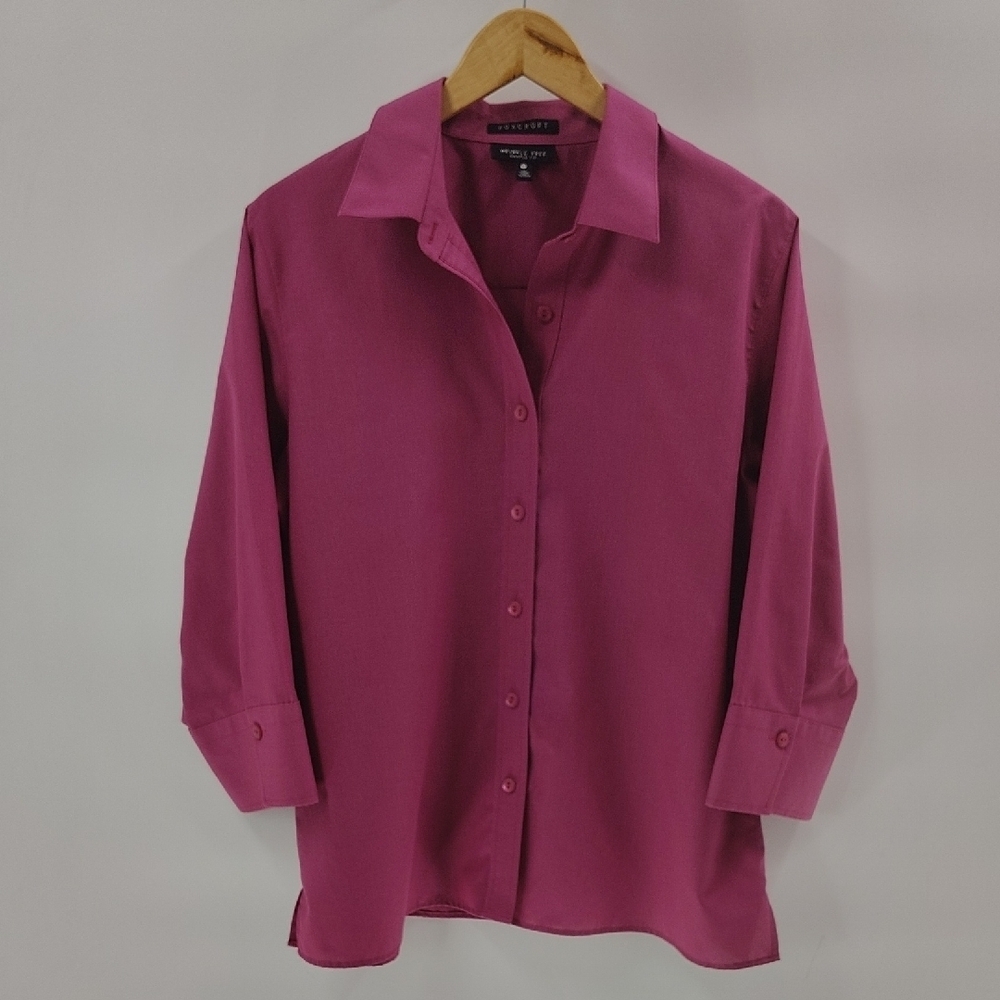 Foxcroft Button Up Blouse Size 14 Magenta Pink 3/4 Sleeve